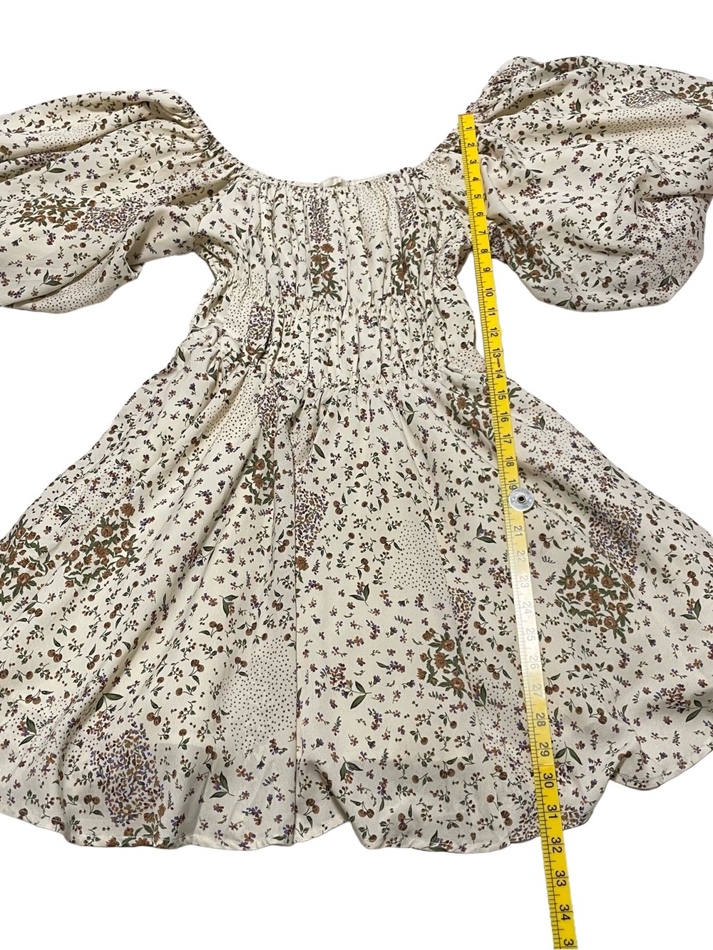 Cottage Core Cream Floral Puff-Sleeve Dress - Picture 3 of 6